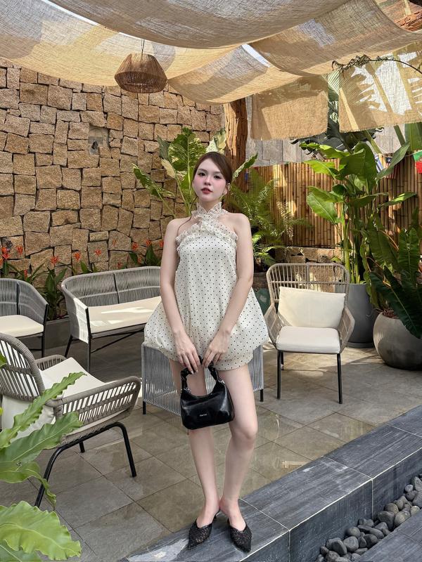 Set áo yếm voan chấm bi dáng phồng quần bí lưng chun Ảnh thật/Sẵn