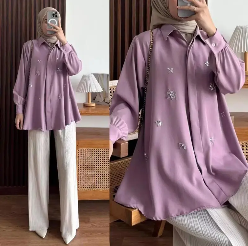 Kinaya Shakila blouse kemeja atasan fashion wanita kekinian Formal Kancing Muslim Panjang Santai Casual Hitam Katun Linen Kerja Basic Putih Crinkle Baju Airflow Oversize 5