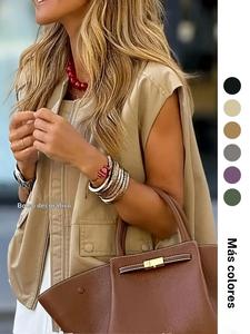 Chaqueta de chaleco frontal con cremallera de color sólido para mujer, ropa exterior sin mangas informal para uso diario, ropa de mujer para todas las estaciones