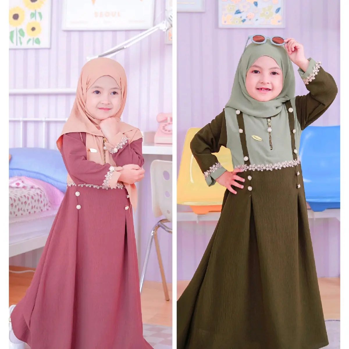 gamis anak helwa kids set Khimar/gamis anak cantik banget model 2024/ gamis lebaran anak kekinian Polos