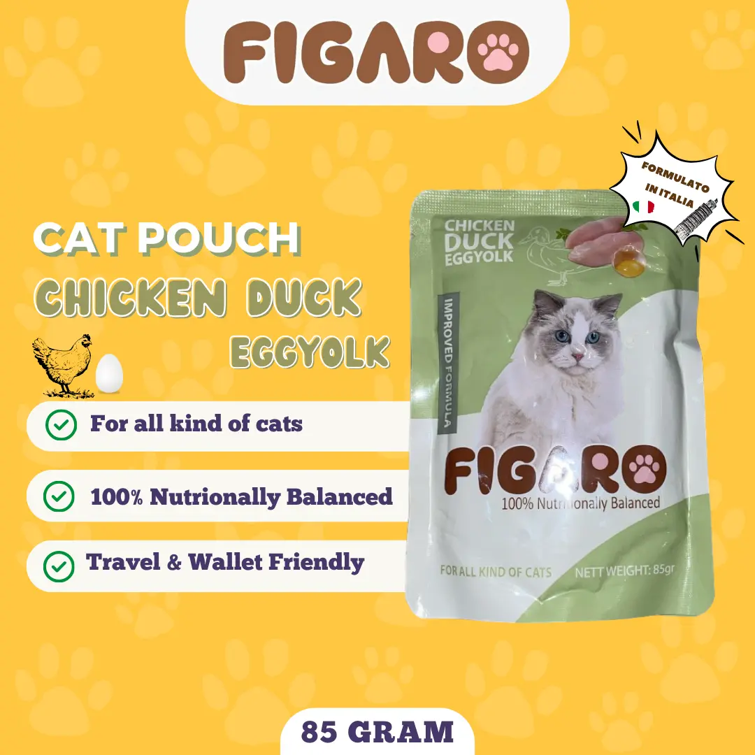 FIGARO CAT POUCH - CHICKEN DUCK EGGYOLK 85 Gram Makanan Basah Kucing Adult Kitten Wet Food Sachet Saset Sobek All Stage Snack Creamy Strip Treats Treat PREMIUM INGREDIENTS INGREDIENT BAHAN FORMULATO IN ITALIA FORMULATED IN ITALY