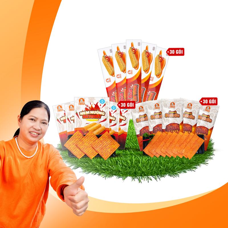 Combo CẦU SẤM gồm: 30 gói snack NEM NƯỚNG phên +30 gói snack BÌA CATTONG+30 gói snack BÒ KOBE +tặng 1 bịch thạch healthy snack đồ ăn vặt Cay ĂN CÙNG BÀ TUYẾT