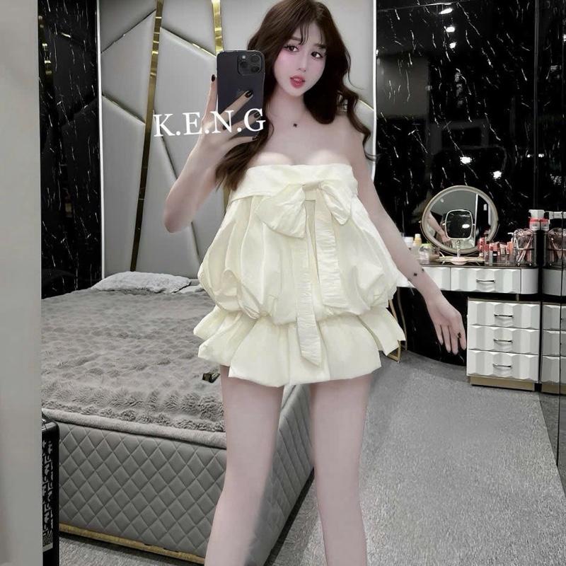 SET áo 2 DÂY chất GIÓ NHĂN có Tăng Giảm đính nơ mix Chân Váy bí có kèm quần bảo hộ _ Hân Linh shop