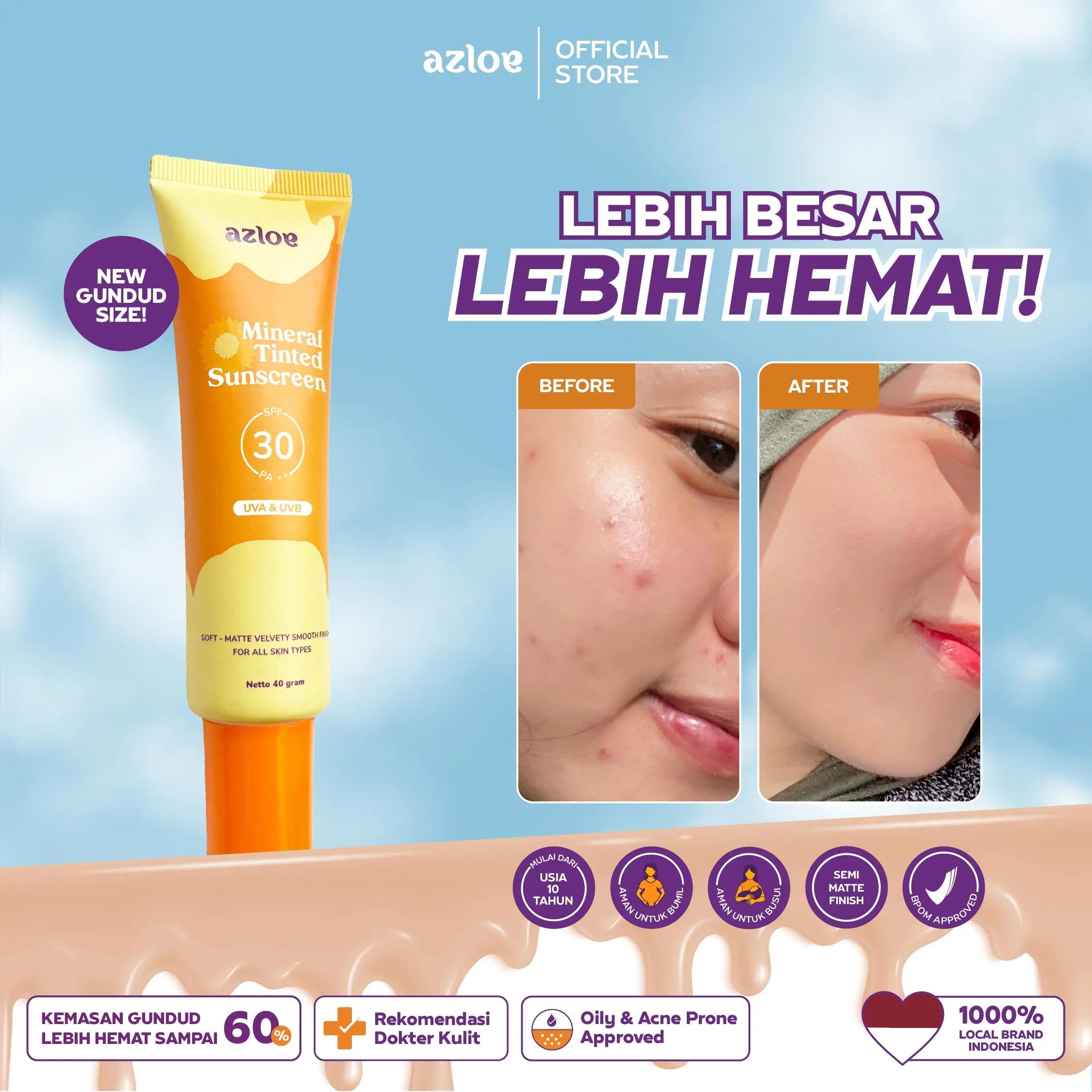 [NEW! GUNDUD SIZE] AZLOE TINTED SUNSCREEN HYBRID KULIT BERMINYAK BERJERAWAT [AZLOE TELAH UJI SPF] D