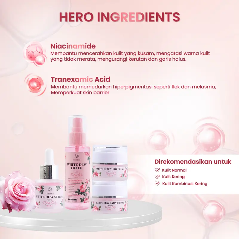 Haibuna Whitening & Flek Hitam SET (4 Pcs) - Perawatan untuk kulit Muka | Niacinamide Tranexamic | Membersihkan dan Mencerahkan FLEK HITAM | AMAN UNTUK BUMIL - BUSUI | Extract rose oil 8