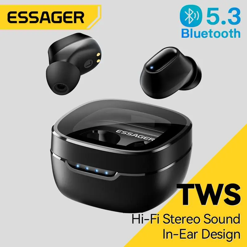 Essager V5.3 Bluetooth TWS Nirkabel Earphone BT Headphone Stereo Hi-Fi dengan Mikrofon Casing Pengisi Daya Suara Stereo Headset Sentuh Cerdas In-Ear Jarak Transmisi Audio 8-10M