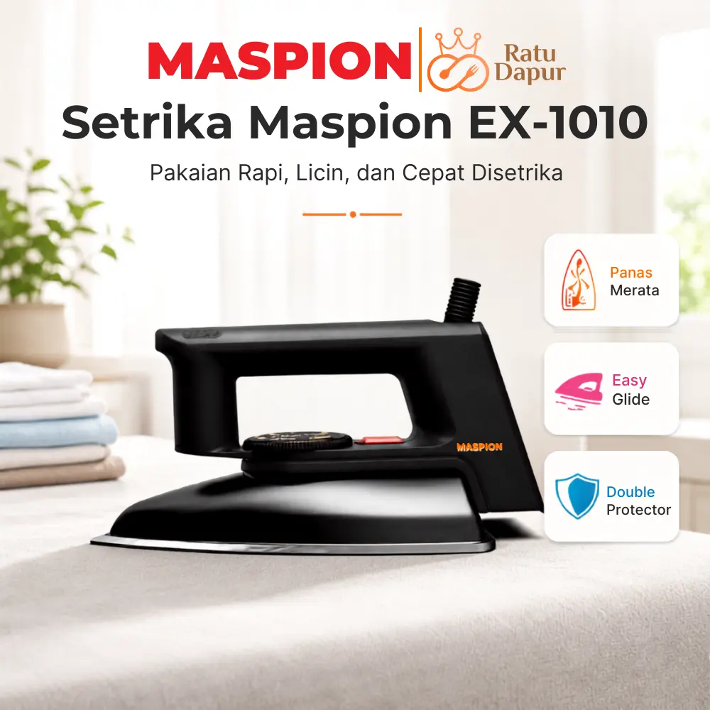 [AFF5] Maspion Setrika EX-1010 Blackberry Series Setrika Listrik Kering Anti Lengket 350W Non Stick Iron Thermostat Thermofuse Aman & Hemat Energi Cepat Panas Setrika Pakaian Halus Berkualitas Tinggi Kabel