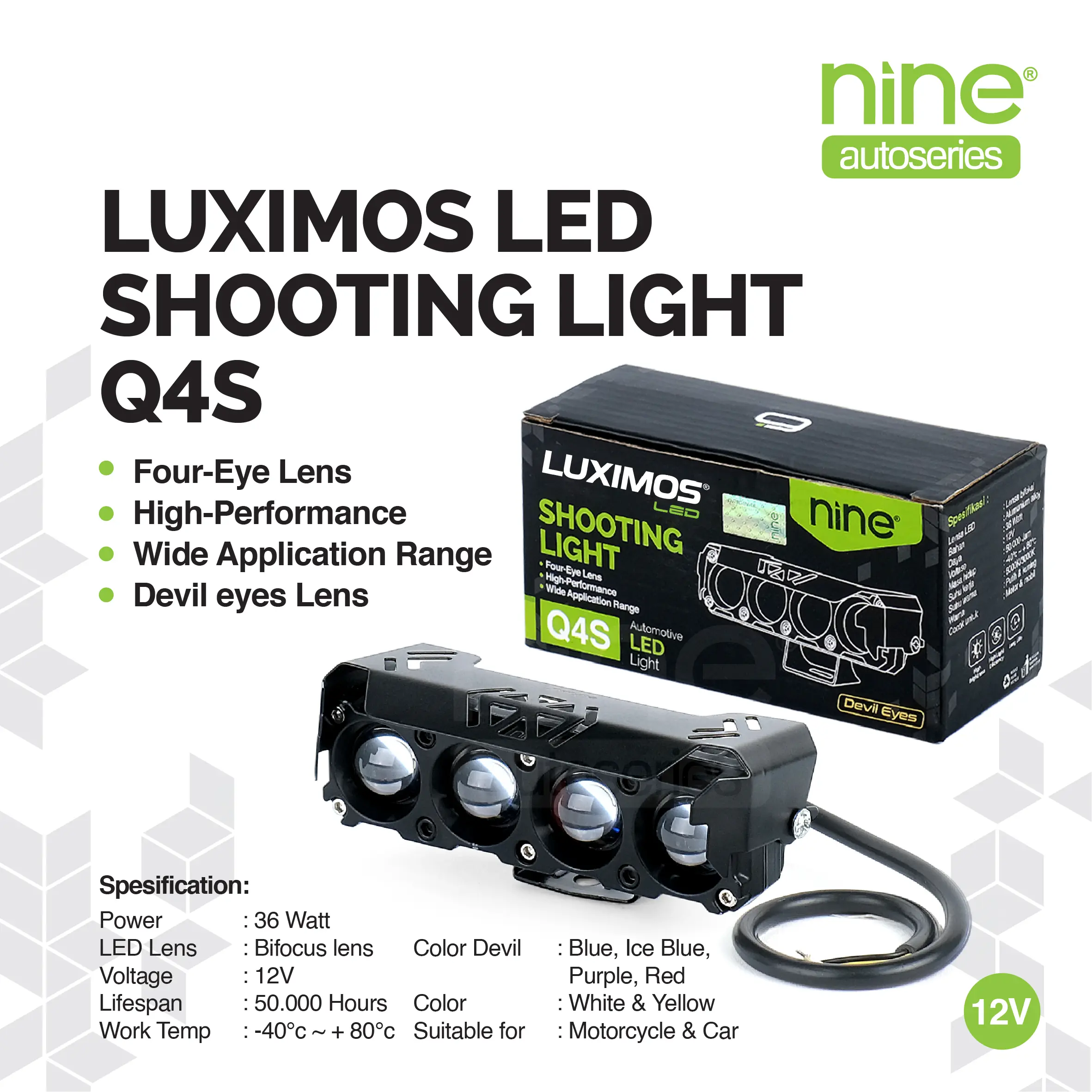LUXIMOS Lampu Tembak SQL 4 Mata 36 Watt Super Terang Projector Laser Motor Mobil Q4s - NINE AUTOSERIES