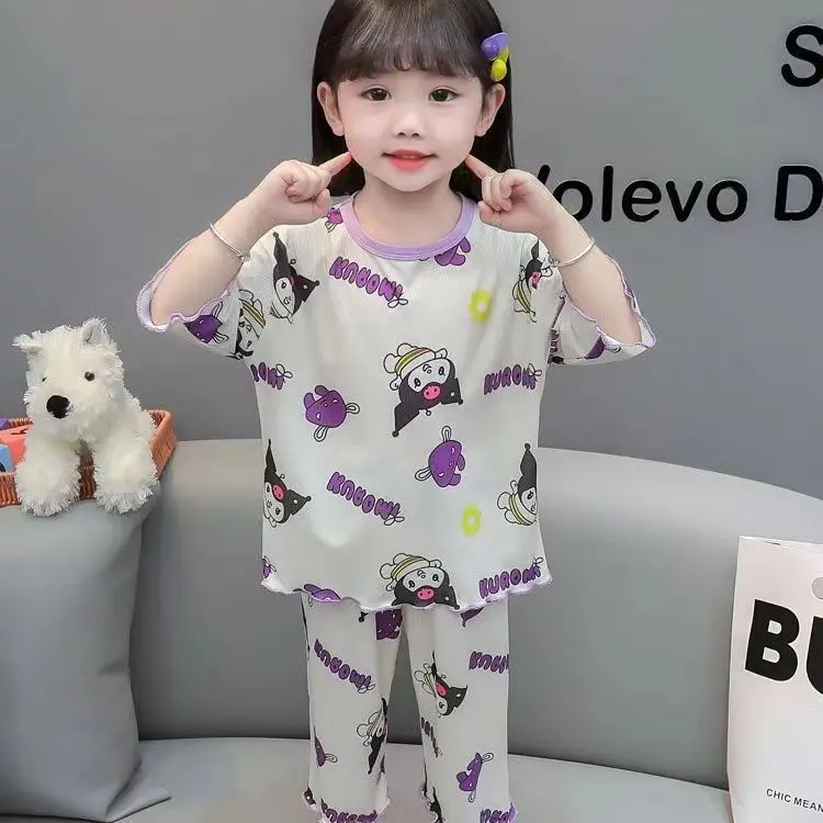 Girls' pajamas home wear summer cartoon set ice silk loose two-piece pajamas