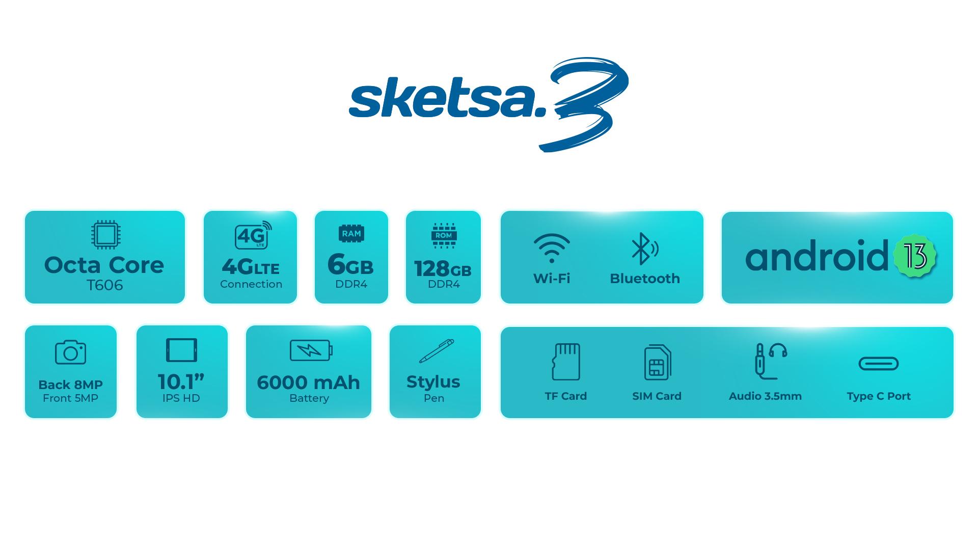 (FREE KEYBOARD + STYLUS PEN) ADVAN Tablet Sketsa 3 6GB/128GB 10.1” Inci HD IPS Dual SIM Card 4G LTE WiFi Bluetooth Tiger T606 Android