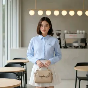 kemeja striped wanita motif BORDIR lengan panjang salur pressbody Garis baju kerja casual formal