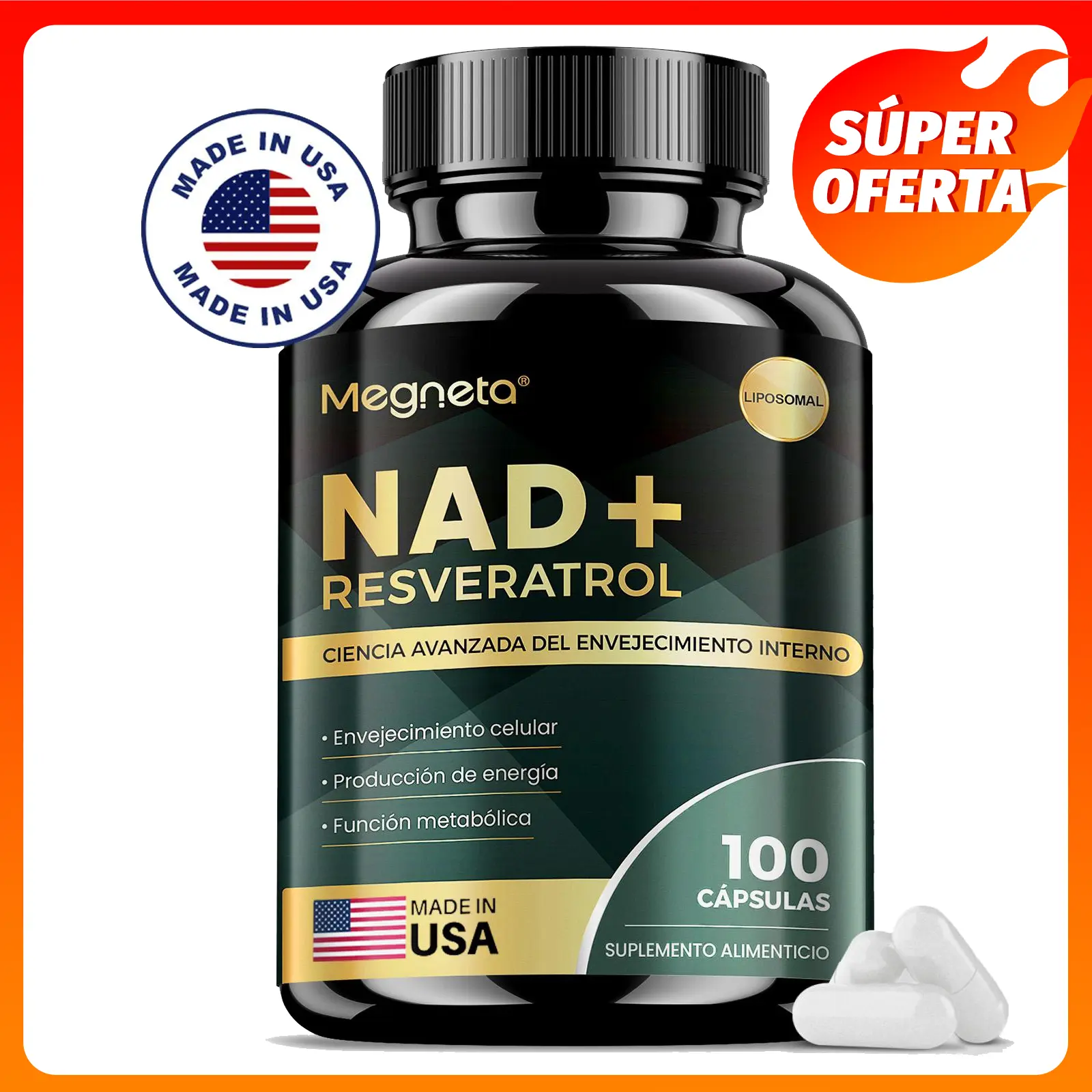 NAD+ Resveratrol 1200 mg | 100 Cápsulas – Antienvejecimiento, Energía y Concentración – Apoyo con Fórmula Liposomal | Envío con mezcla de empaques nuevos y antiguos