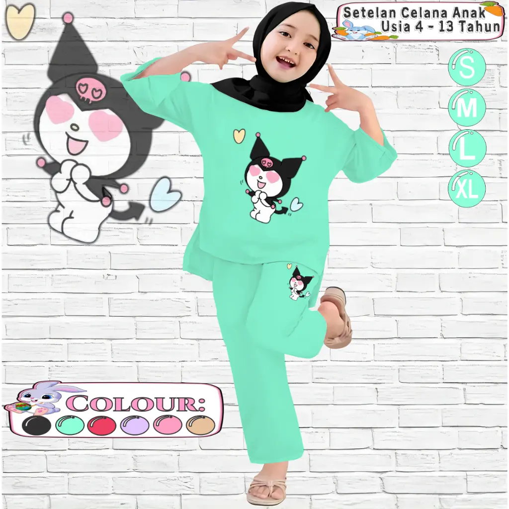 Setelan Anak Perempuan Belah KUROLOVE - Baju Kaos dan Celana Panjang cewek Fashion Motif Pakaian Terbaru Usia 4-13 Tahun