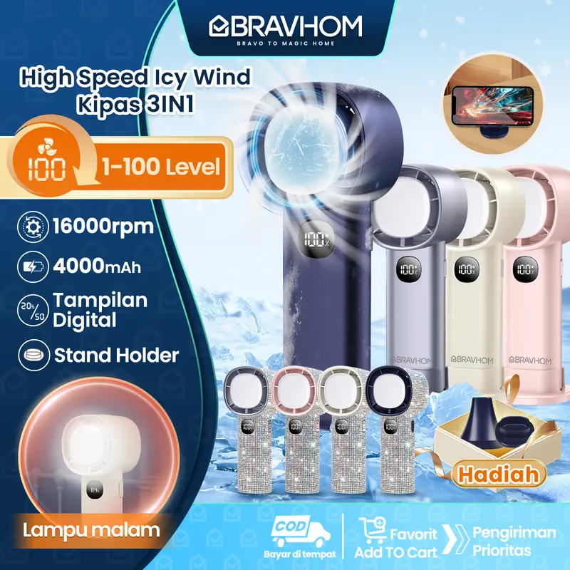 (COD)Bravhom Kipas Angin Turbo Portable LED Display 100 Gear 4000mAh Lampu Malam Dudukan kipas  kerajaan 0