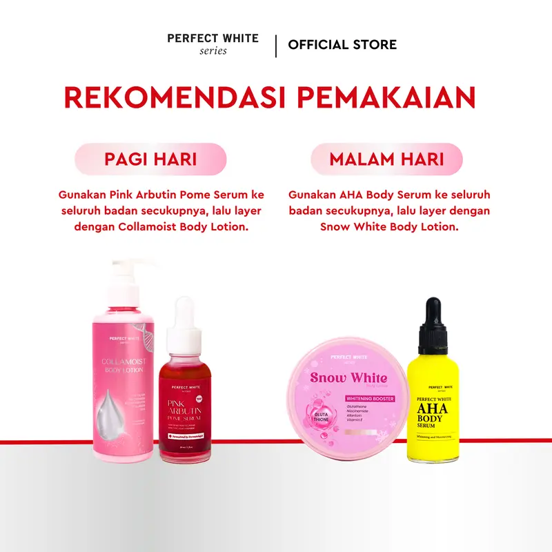 [DAPAT 4] PERFECT WHITE Skin Booster Bundling [AHA Body Serum 50ml, Pink Pome Arbutin Serum, Collamoist Body Lotion, Snow White Body Lotion] | Perawatan Tubuh Pencerah Mencerahkan Kulit Badan Kusam Belang Bekas Luka Dark Spot Noda Hitam 1