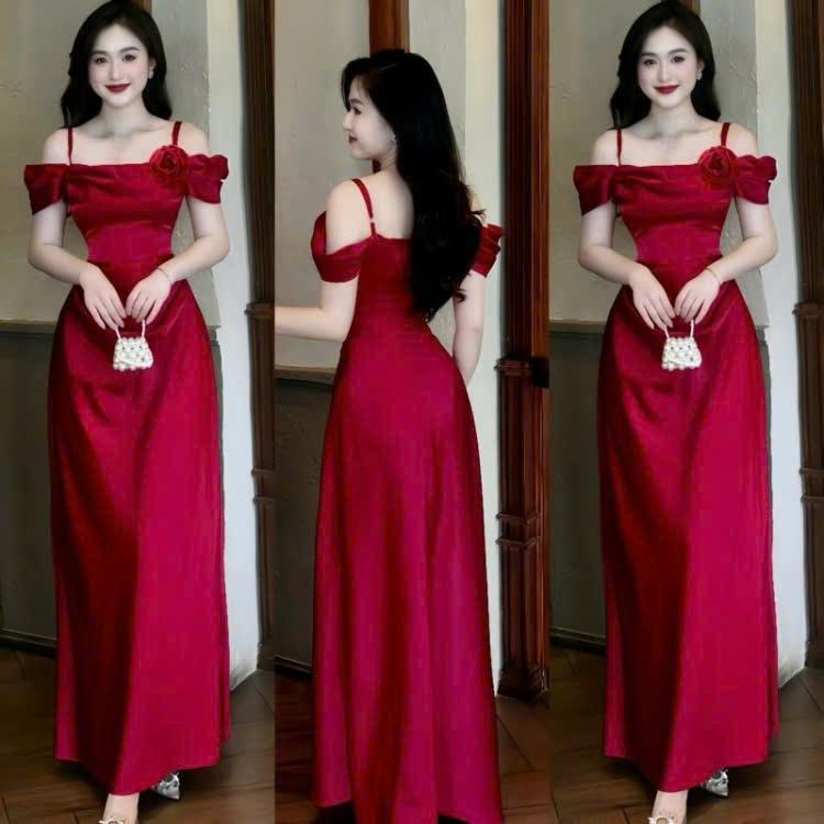 [Kèm tag hoa lụa] Đầm Lụa Bigsize Dáng Dài Bẹt Vai Có Mút Xếp Ly Eo Siêu Sang Từ 60 Đến 90Kg Nữ Women Dress Set Lụa Xước Váy Thường Mặc Khóa Kéo Xám Nâu Đen Kem Ghi đầm 2 dây trễ vai vaylua