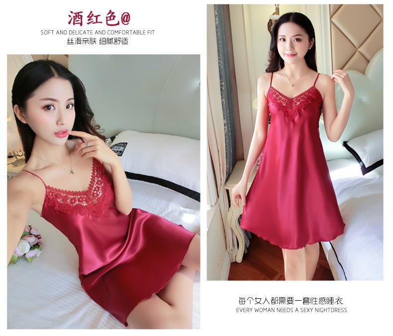 Product Introduction of 2021 New sexy camisole nightgown for women, deep V-shaped backless imitation silk pajamas, lace Japanese home clothing, cross-border 2