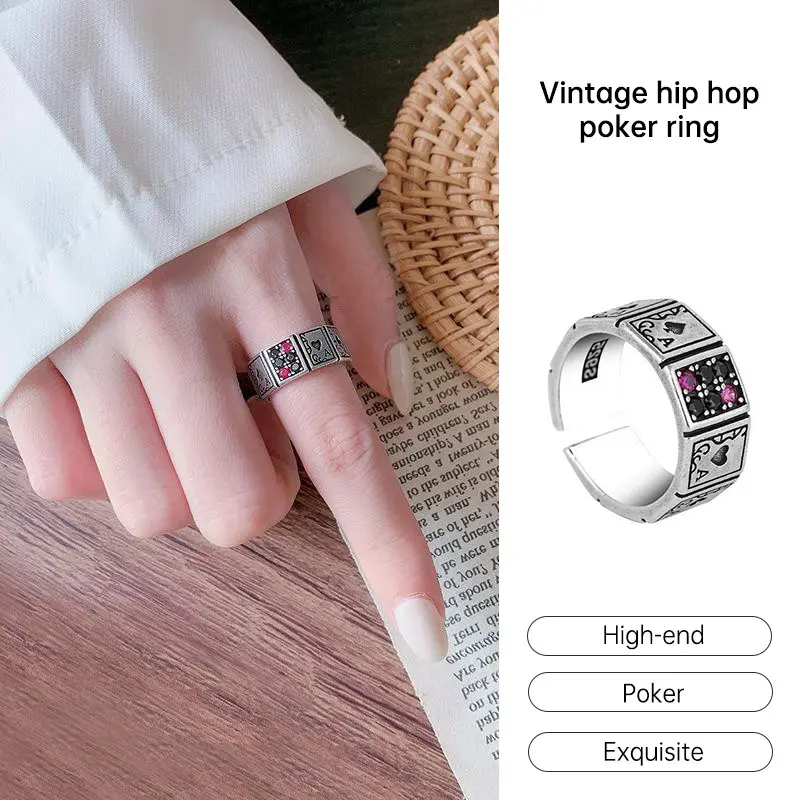 【Sktlz】 Setting Good  Poker Ring Retro Hip Hop Ring Exaggerated Personalized Open Ring 1