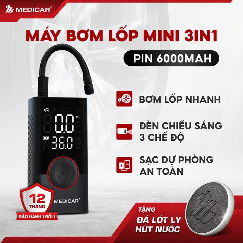 Máy bơm lốp ô tô xe máy Medicar - Máy bơm mini không dây thông minh - Bơm lốp tốc độ cao đèn chiếu sáng sạc dự phòng