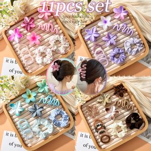 11pcs Set Hawaiian Colors Flowers Clamps Wave Shark Clips Butterfly Pattern Elastic Hair Ties Pony Tail Holder Telephone Line Hair Rope Beach Hair Accessories