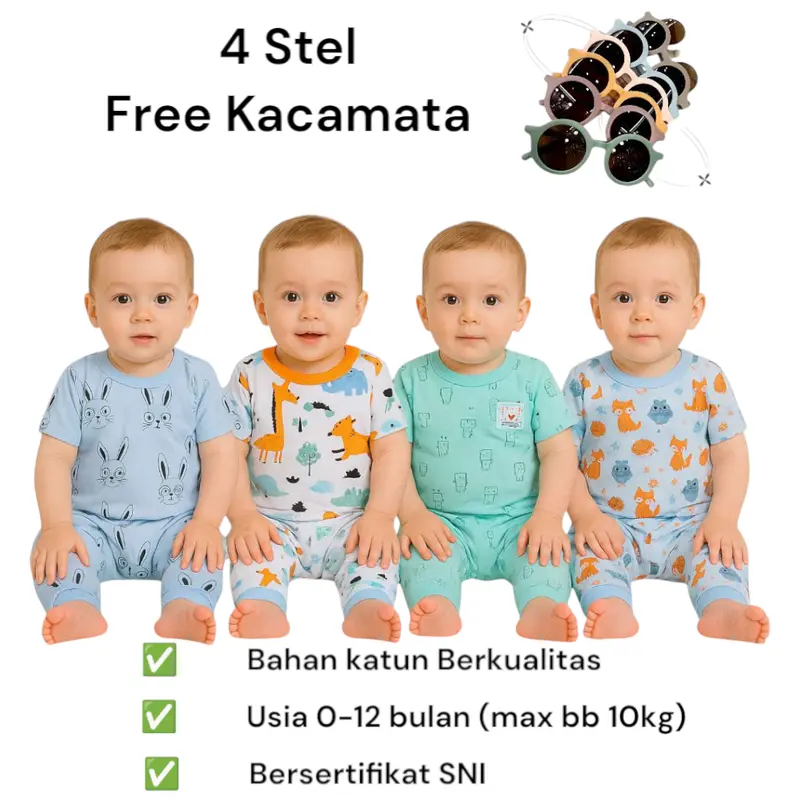 FREE KACAMATA PAKET HEMAT 60RB  DAPAT 4 STEL BAJU BAYI SNI 0-12 BULAN RANDOM MOTIF Bunda Parsel 0