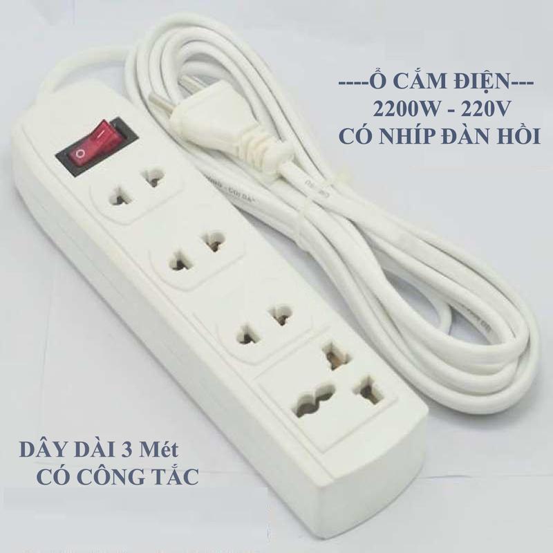 [LOẠI 1 ] Ổ cắm điện dây dài 3m có công tắc 4 lỗ  2200W có nhíp đàn hồi/ Tự ngắt mạch an toàn