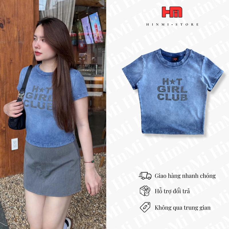 [SALE GIỮA THÁNG] {CRT HOT GIRL} Áo Croptop Wash Nữ In Chữ "HOT GIRL CLUB"_ Chất Cotton Co Giãn Thoải Mái_Màu Xanh Đậm Cá Tính, Tôn Da