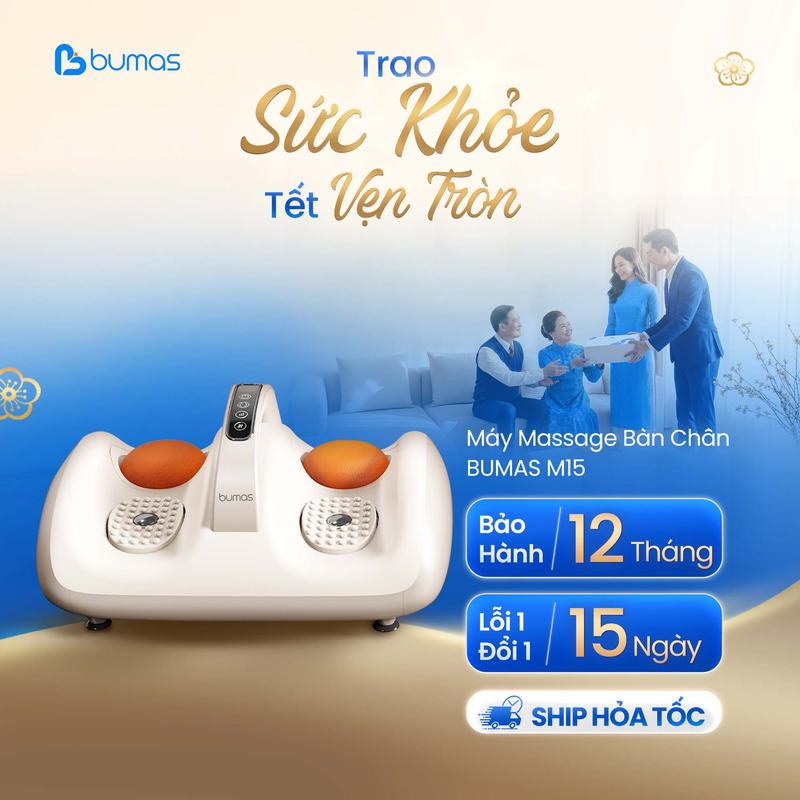   Set Quà Tết  Máy Massage Bàn Chân BUMAS M15 - Massage Rung Bấm Huyệt Chườm Ấm Ánh Sáng Đỏ 