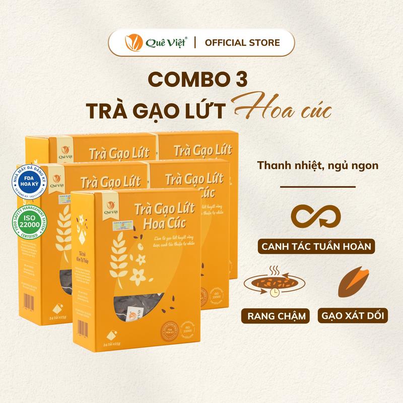 Combo 5 hộp trà gạo lứt hoa cúc Quê Việt + quà tặng - Hộp 450g 30 túi 15g 600g 24 túi x 25g Nước Trà Tea Chè