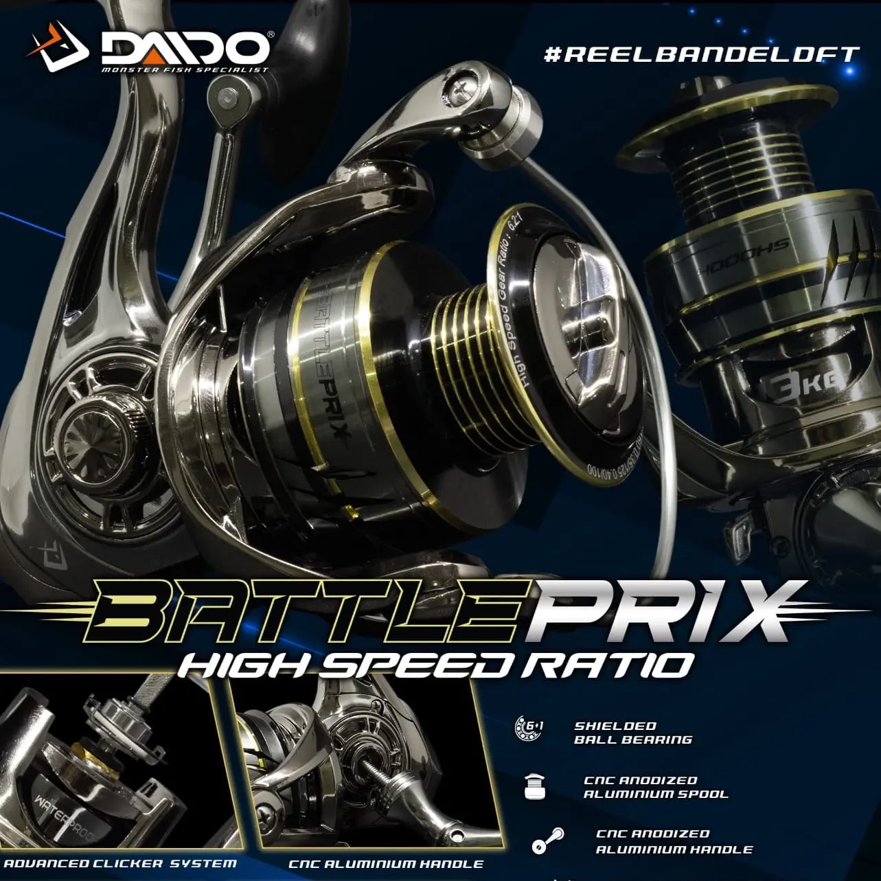 Reel Pancing Daido BATTLE PRIX, Daido VENDETTA, Daido GREY HOUND, Daido DARK KNIGHT, IROLY SEPHIA, IROLY SEPHIA PLUS dan Harrow Titan Ukuran 1000-5000/6000 Kuat 15 KG -  Metal