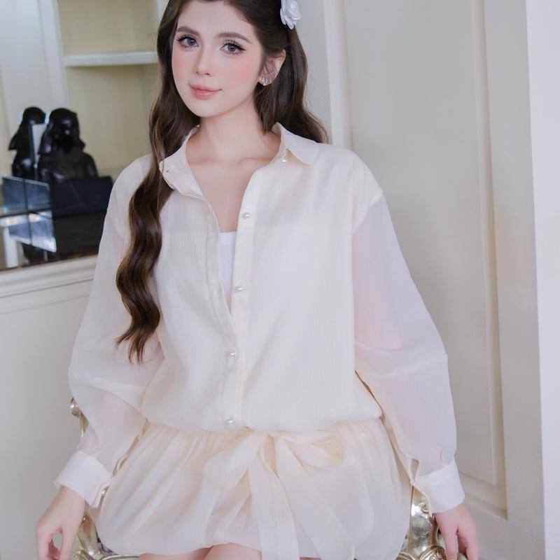 Yumi Set Bộ váy kẻ tay dài thắt nơ hông kèm quần short dáng bí thiết kế có bigsize Clay Clothing