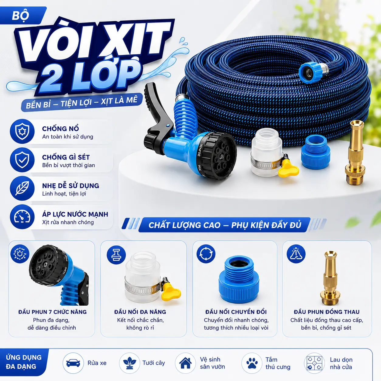 BỘ VÒI XỊT dùng để tưới hoa, rửa xe, vệ sinh sân vườn, với 7 chức năng, chất liệu PET, dẻo dai không - nghẽn nước, đầu nối đa năng - HAI ĐẦU VÒI XỊT để lựa chọn