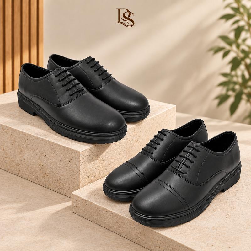 Giày Tây Nam Oxford Classic Captoe Mũi Tròn Đế Cao Su Tăng Chiều Cao Khâu Đế Microfiber Đen Trẻ Trung Hiện Đại