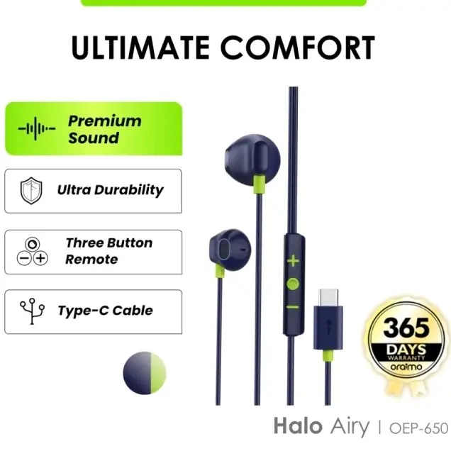 Oraimo Earphone OEP-650 Wired Earphone Kabel Headphone Type-C Halo C 1.2 Meter