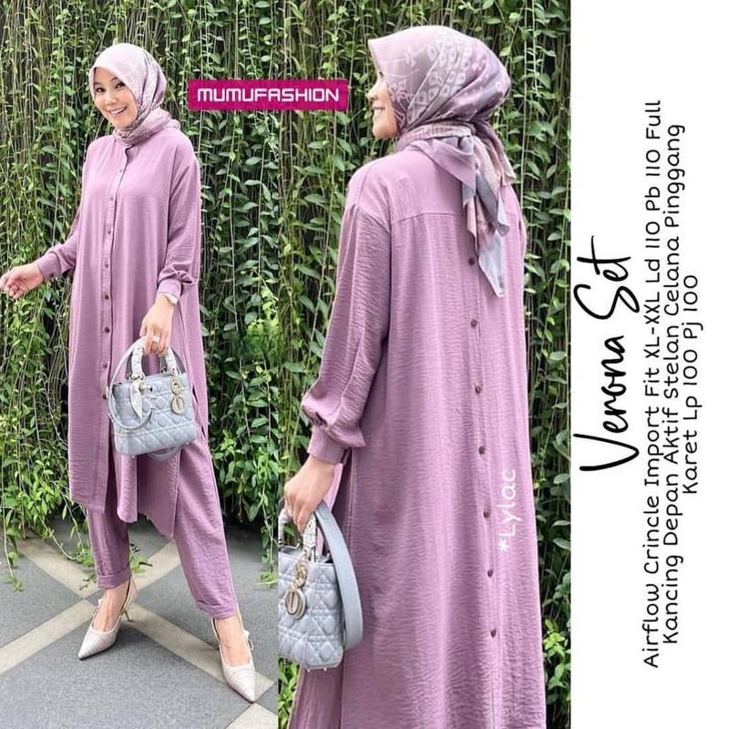 MUMU - (BAHAN TEBAL) Veronaaa Set Setelan Crinkle Wanita Muslimah Kekinian by Mumu Fashion Grosir Solo Nyaman Dipakai Baju Atasan dan Celana Airflow 2