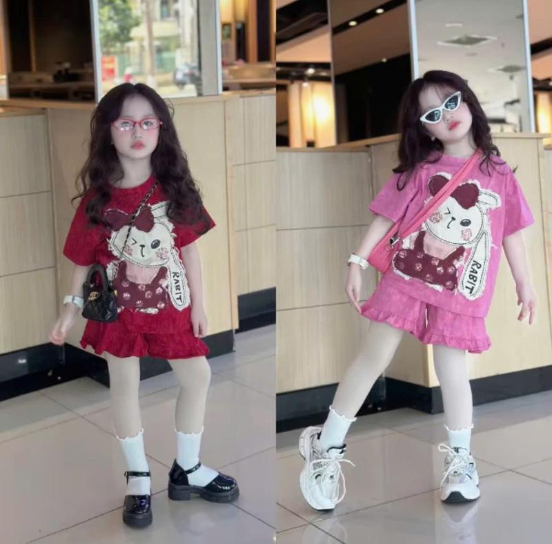 HÌNH IN CHÌM Set Bộ Quần Áo Mùa Hè Mẫu Hottred in Hình Thỏ RABIT dành cho bé gái sz 9-36kg.chất liệu cotton tixi
