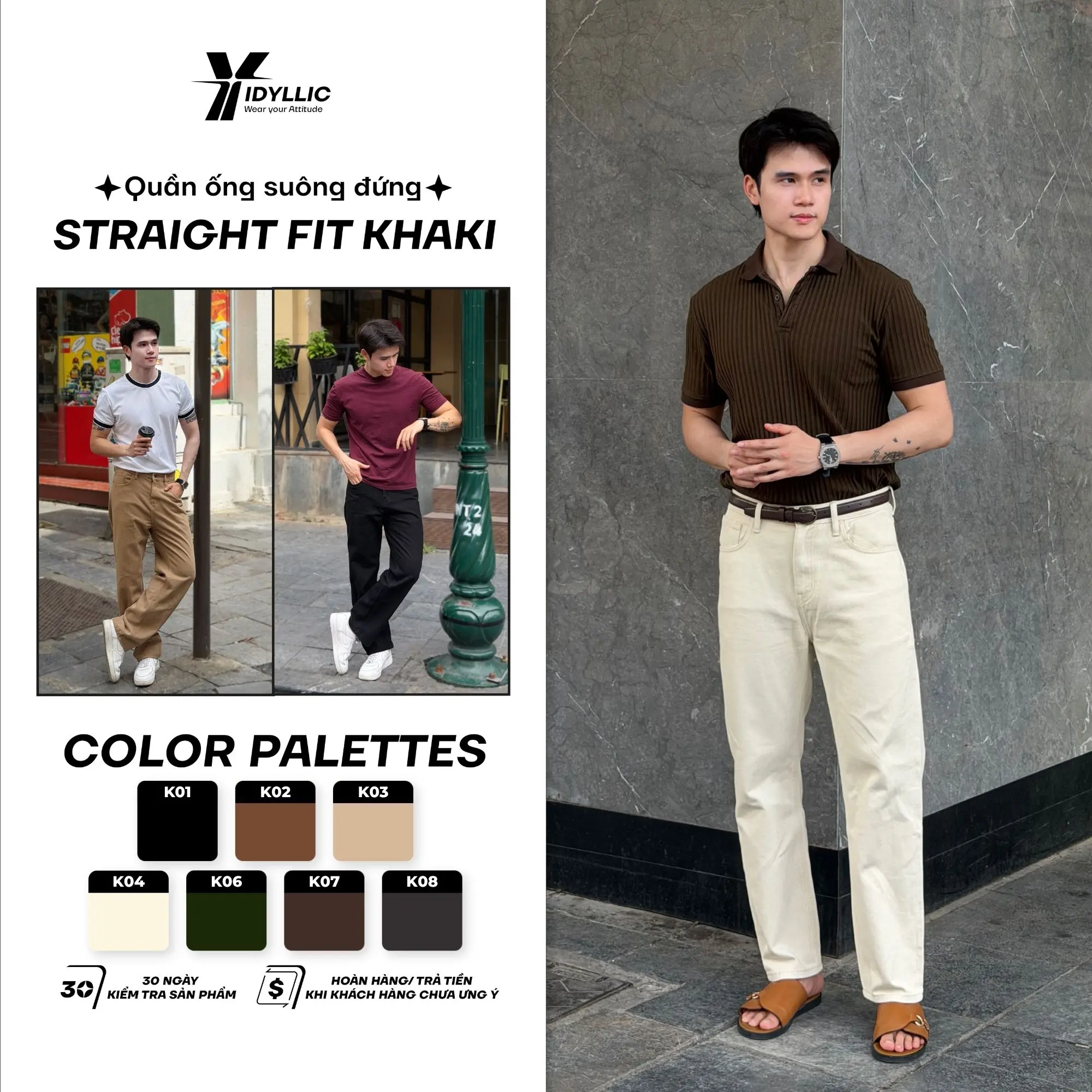 [IDYLLIC] BST Quần Dài Kaki denim Nam Nữ K01, K02, K03, K04, K06, K07, K08 - Chất Vải Mềm Mịn, Tôn Dáng, Thanh Lịch