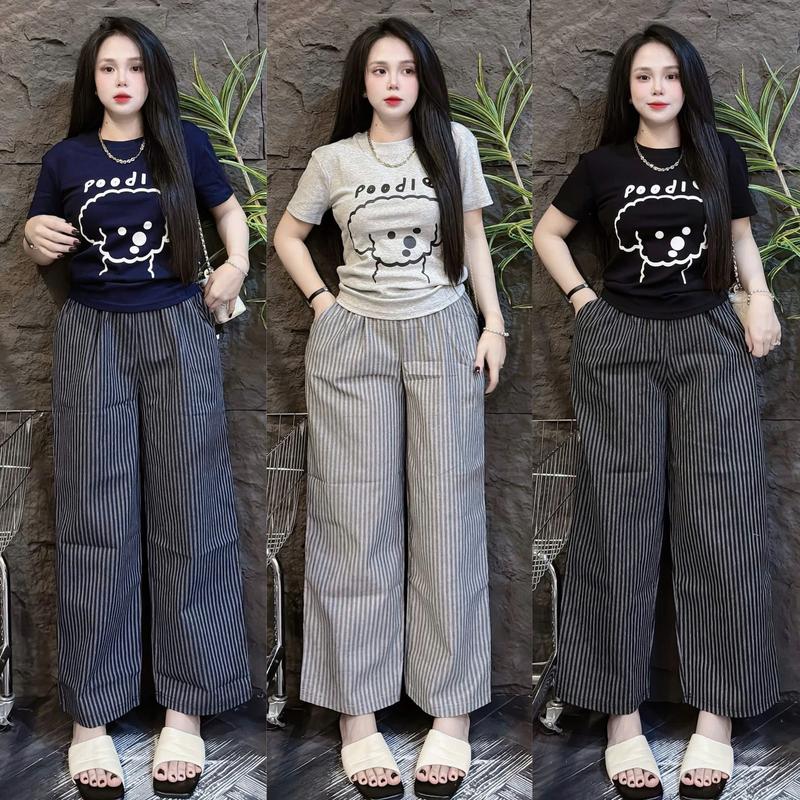 Set Đồ Bộ Nữ Áo In CÚN HELLO POOD Cotton Tici Mix Quần Linen Suông Top Nữ Gọn Dáng 43-83 KG