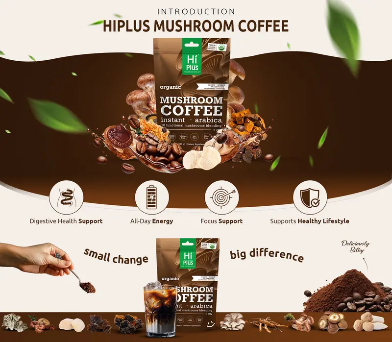 Product Introduction of HiPlus Organic Instant 10-in-1 Mushroom Coffee Powder, 14oz | Weight & Immune Support | Premium Arabica Coffee with Lion’s Mane, Chaga & Reishi 0
