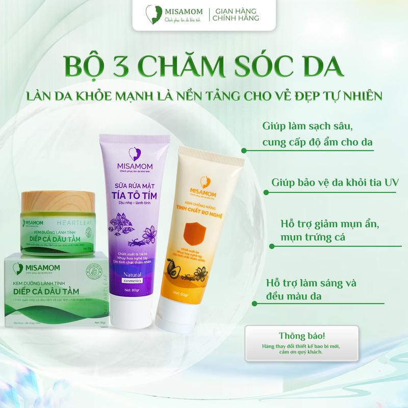 Bộ Dưỡng Da Mùa Hè Misamom - Kem Diếp Cá Dâu Tằm 50gr Sữa Rửa Mặt Tía Tô Tím 80ml Kem Chống Nắng Tinh Chất Bơ Nghệ