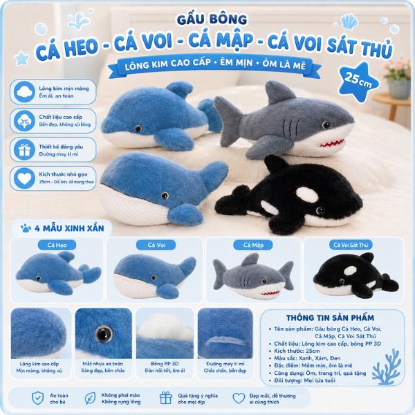 TOP Gấu Bông Cá Heo Cá Voi Cá Mập Cá Voi Sát Thủ 25cm Lông Kim Cao Cấp, Mềm…