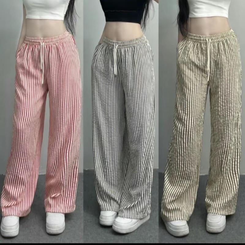Quần Nữ Kẻ Sọc Ống Suông From Xinh Thoải Mái Cạp Chun Dễ Mặc, Chất Vải Thô Nhăn Mềm, Mát