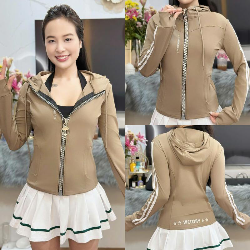 Áo khoác THUN LẠNH 2 Sọc Tay dây kéo to 4 túi nữ Women Top Thun - Kem - Jacket symbolic áo áo khoác