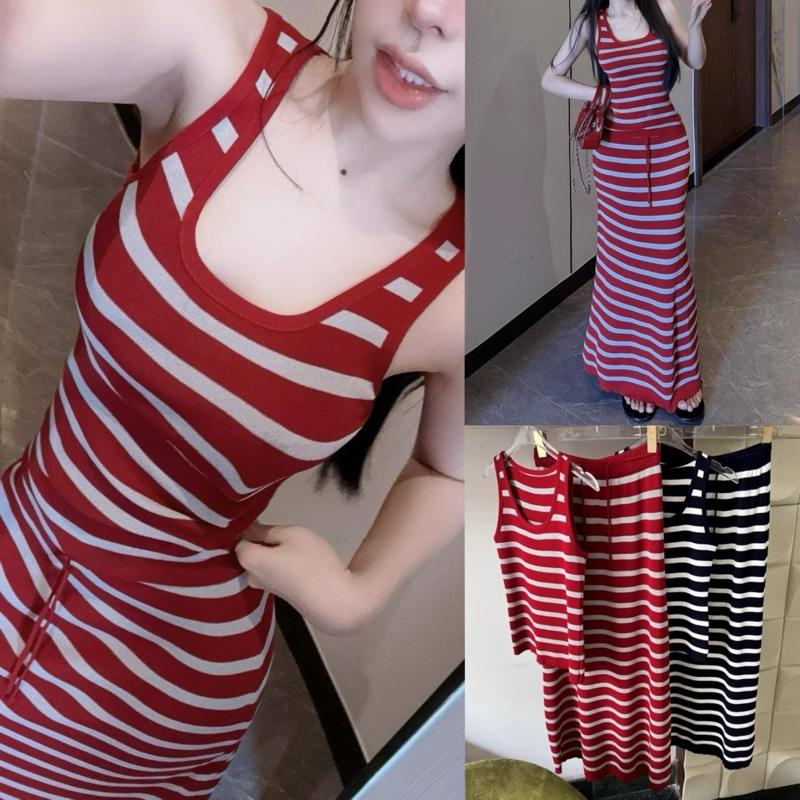 [ Hàng QCCC L1/ Order 7- 10 Ngày ] Set Len Kẻ Ngang 2 Màu Basic Gồm Áo Balo Dáng Ôm Kèm Chân Váy Dáng Dài Cạp Co Giãn Phối Dây Rút Chất Mềm Mịn By DiepGZ16255