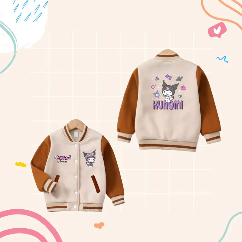 Fashion Jaket Anak Perempuan KUROMI dengan Desain Varsity dan Bahan Fleece Baseball untuk Usia 3-12 Tahun 4
