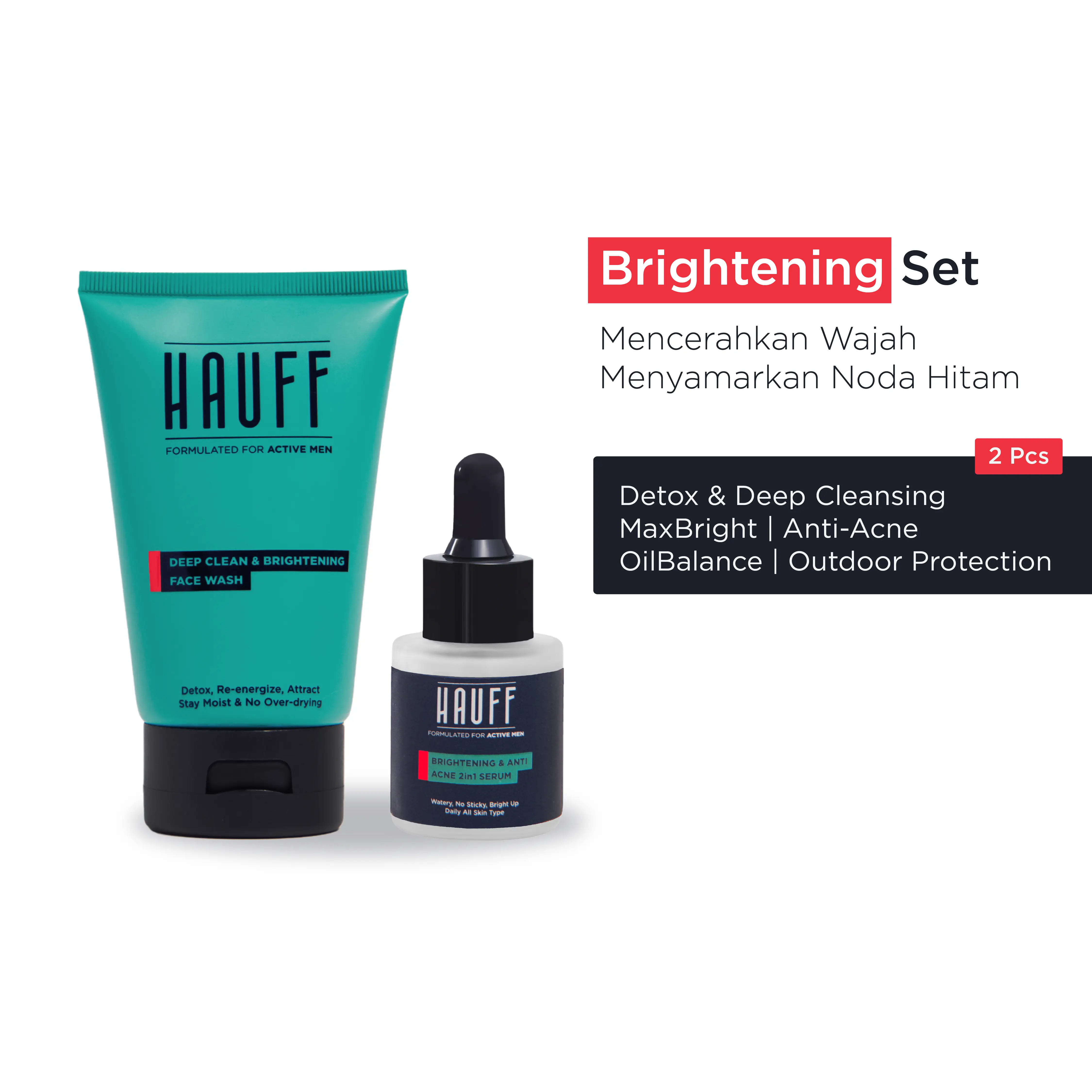HAUFF BRIGHTENING SET | Paket Skincare Pria | Mencerahkan Wajah Kusam | Menyamarkan Noda Hitam | Meratakan Warna Kulit | Menghilangkan Komedo | Detox & Deep Cleansing | Charcoal, Niacinamide, Alpha Arbutin, Salicylic Acid, 10-Fruit Extract Complex
