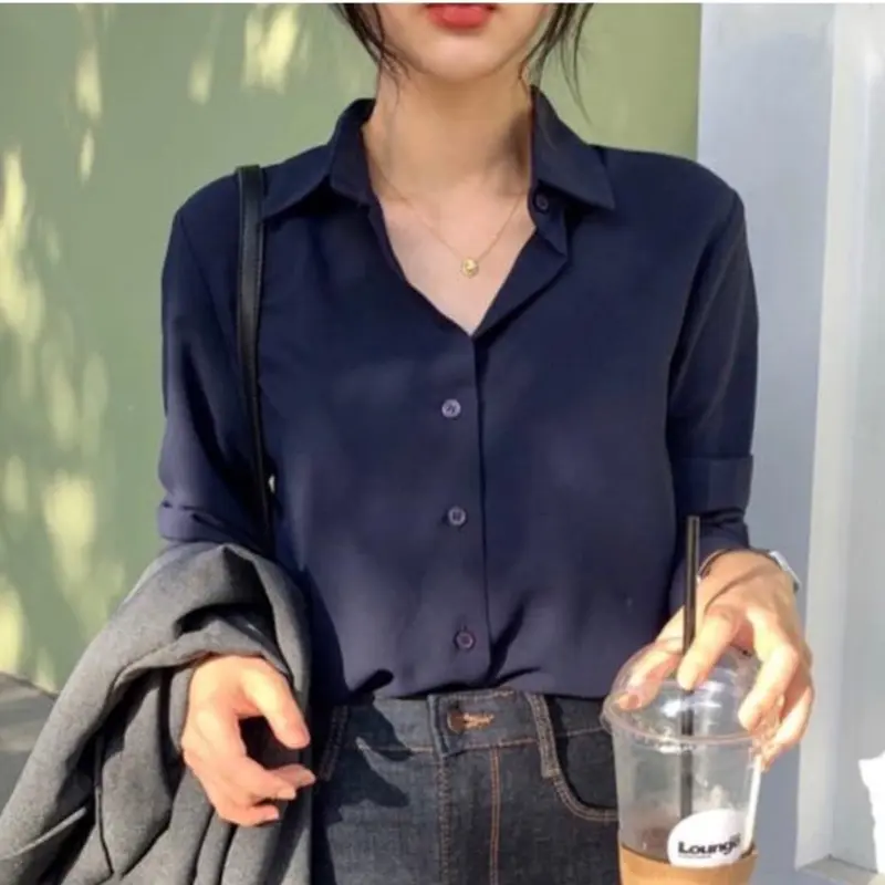Kemeja Atasan Wanita Polos Untuk Kerja Lengan Panjang Full Kancing Bahan Shakila Twill 4