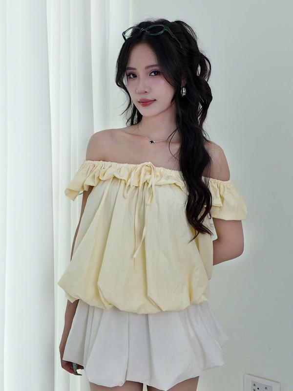 SUXING-Áo Babydoll Tay Phồng Họa Tiết Chấm Bi Mặc Được 3 Kiểu_S246