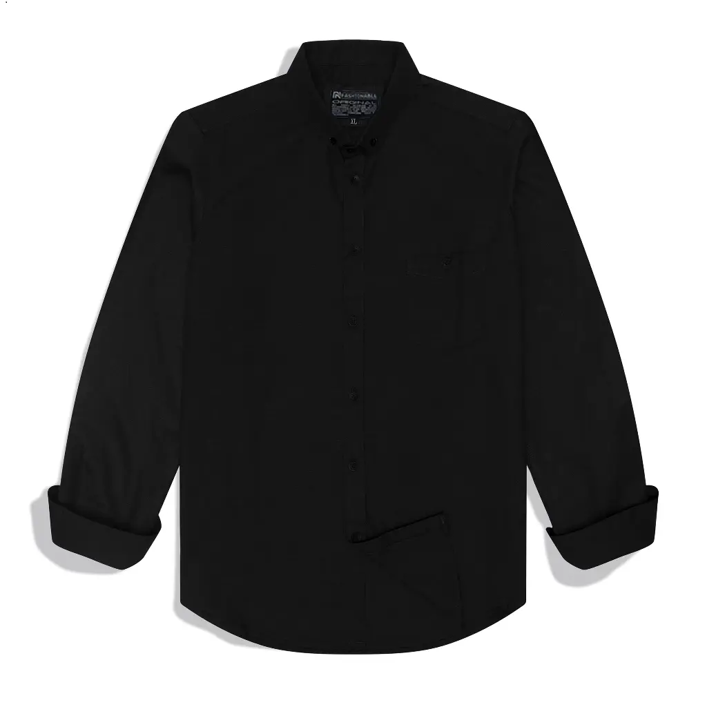 RN Kemeja Polos Pria Lengan Panjang Hitam Cotton Sigaret Slimfit