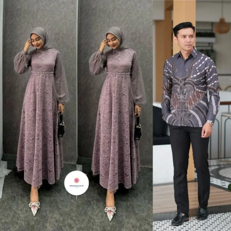 Batik Couple Gamis Brokat Terbaru Couple Kondangan Couple Tunangan Modern Jumbo,Dress Brokat Couple nadine 2023